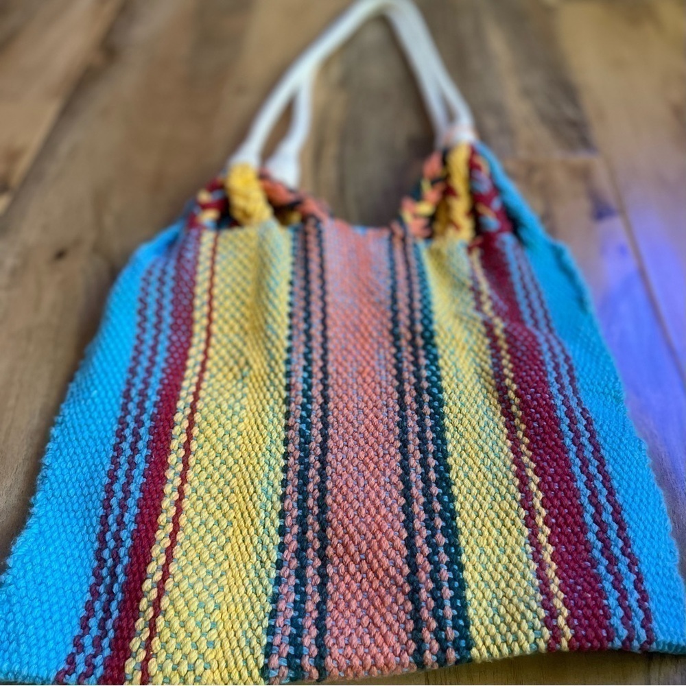 Handwoven Chiapas Loom Cotton Tote Bag Multicolor Festival Summer - Picture 3 of 6